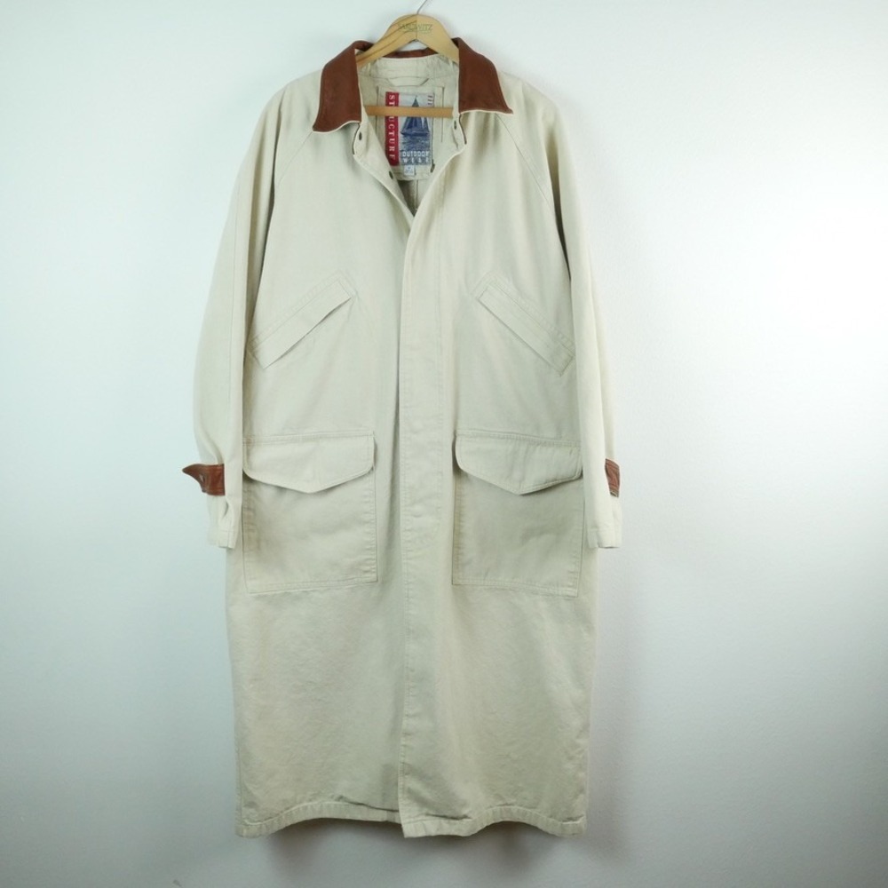 Vintage Western Canvas Field Coat Long Duster Barn Leather Trim 90s Rancher M